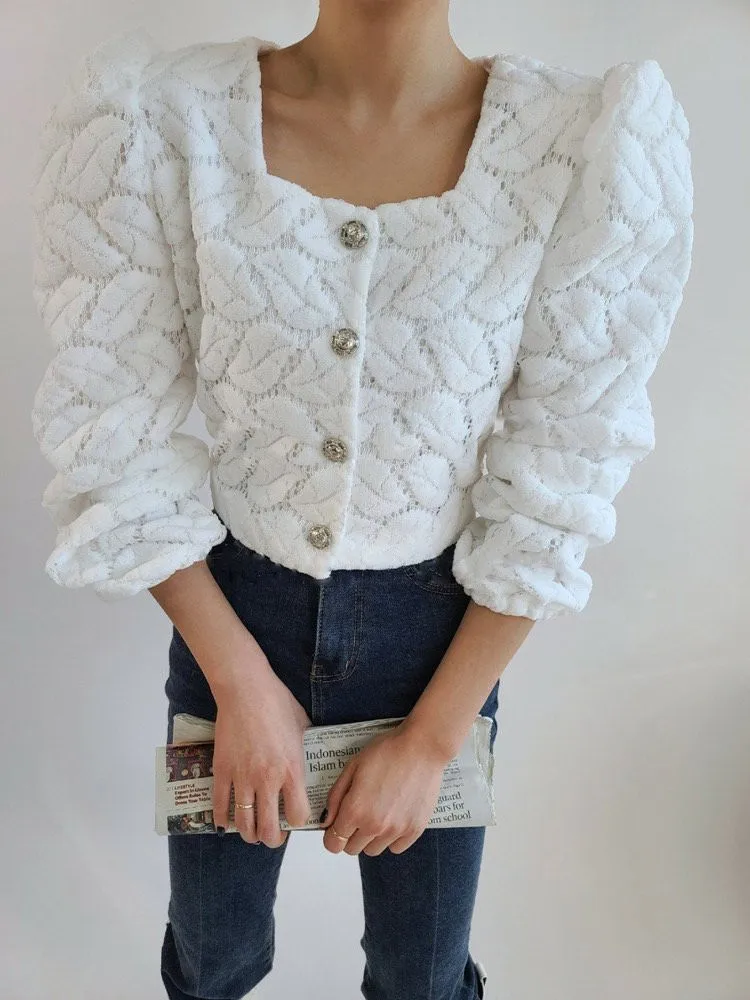 

Chic lace single breasted bubble sleeve shirt