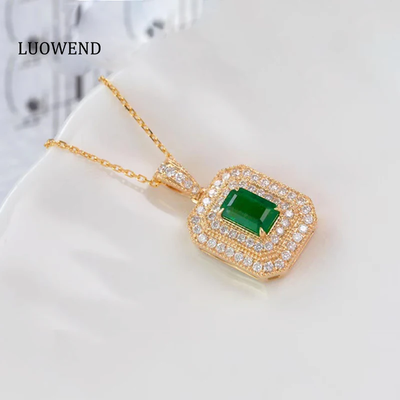 

Цепочка LUOWEND с подвеской из белого золота 18 карат, ожерелье с настоящим натуральным изумрудом, с бриллиантами, для помолвки женщинам, в класс...