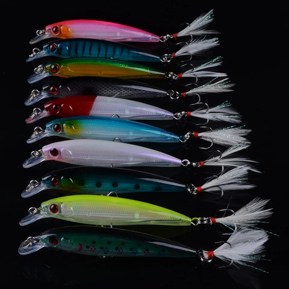 

10pcs Fishing Lure Minnow Wobblers Pencils Hard Bait with Feather Hooks Fishing Tackle 7G 9CM Artificial Bait Crankbait Swimbait