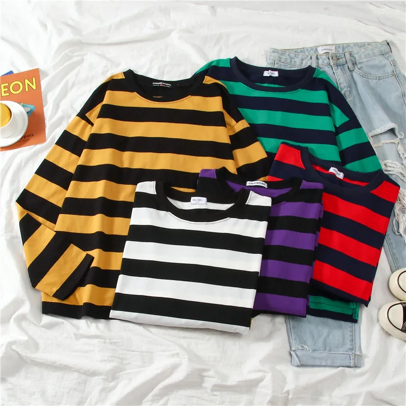 Fives colors Women Cotton Purple Striped Tops Slim Fit t shirt Harajuku Tshirt Summer Long Sleeve Korean Feminina Tops