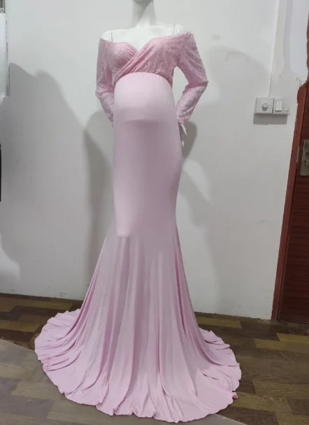 

Lace Long Sleeve Maternity Dresses for Photo Shoot Sexy V Neck Maxi Gown Pregnant Women Baby Shower Photography Pregnancy Dress