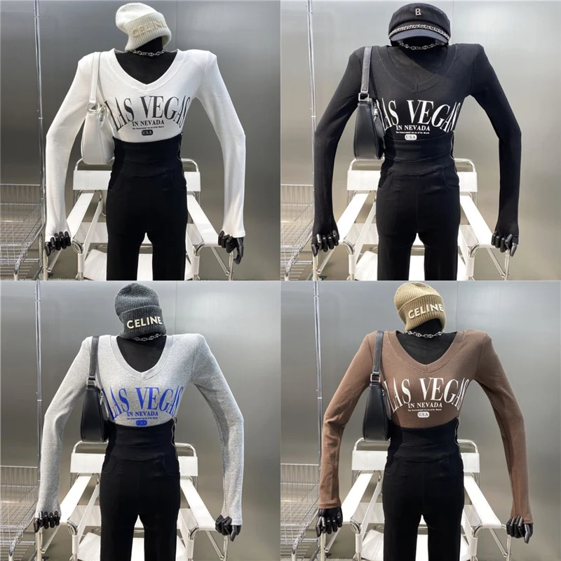 

New V-neck Slim Fit Short T-shirt Contrast Lettering Casual Versatile Elastic Slim Fit Shoulder Pad Long Sleeve Bottomed Top