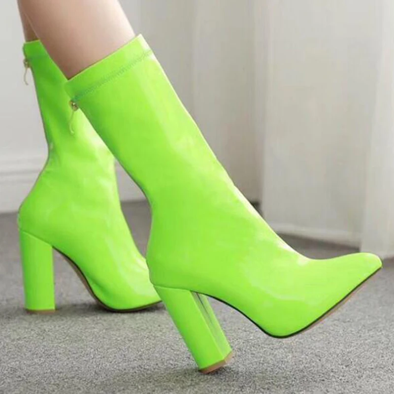 Женские однотонные ботинки на среднем каблуке с острым носком|Сапоги до середины