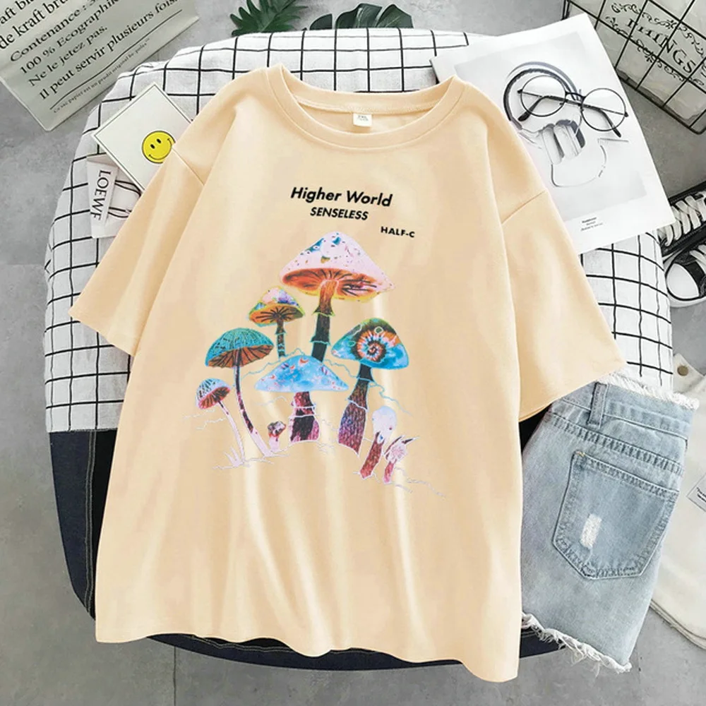 

Harajuku Colorful Mushroom Print T-shirt Street Casual Streetwear 2021 Fashion Pullover T-shirt Female Womens Tops Plus Size Tee