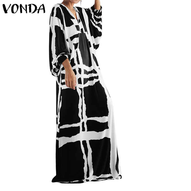 VONDA, женское винтажное Длинное Макси платье, сексуальное, v-образный вырез, длинный рукав, рубашка, платья, Femme, свободный сарафан, повседневное, богемное, vestidos robe - Цвет: Черный