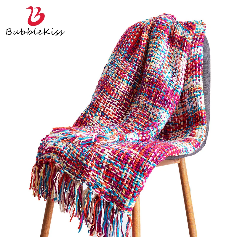 

Тканое одеяло для дивана Bubble Kiss, офисное одеяло для сна, одеяло с цветными линиями и кисточками, одеяло в скандинавском стиле