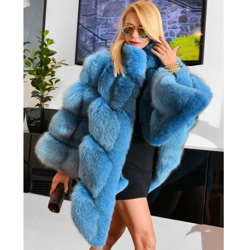 2022 Fashion Blue Real Fox Fur Cape For Women Winter Whole skin Genuine Fox Fur Capes And Poncho Stand Collar Outwear Luxury