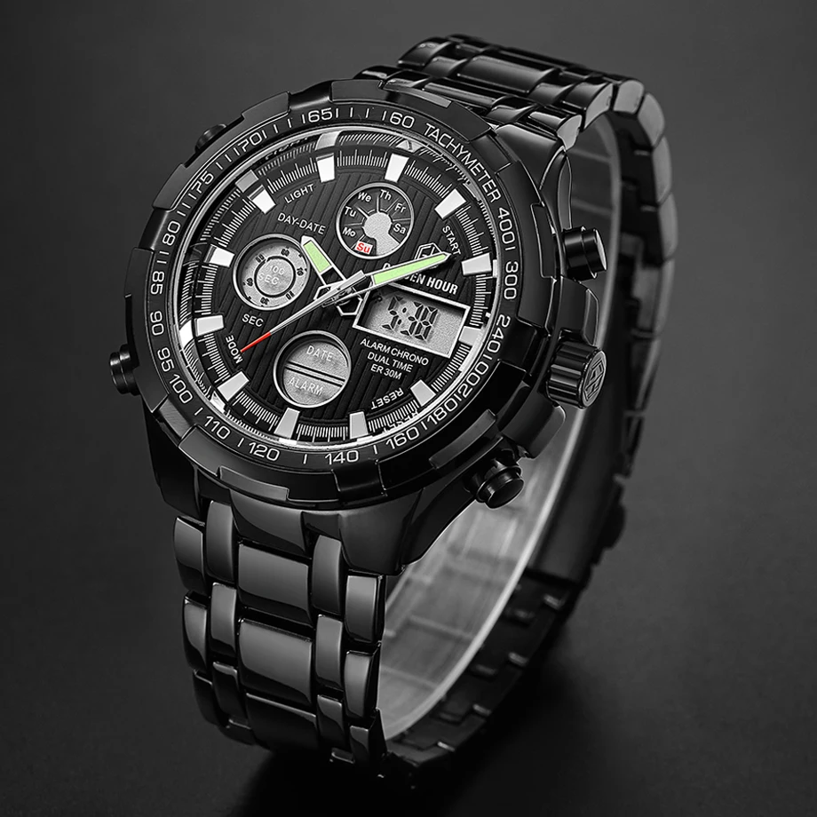 Reloj Hombre GOLDENHOUR черные кварцевые мужские часы zegarek meski цифровые наручные военные