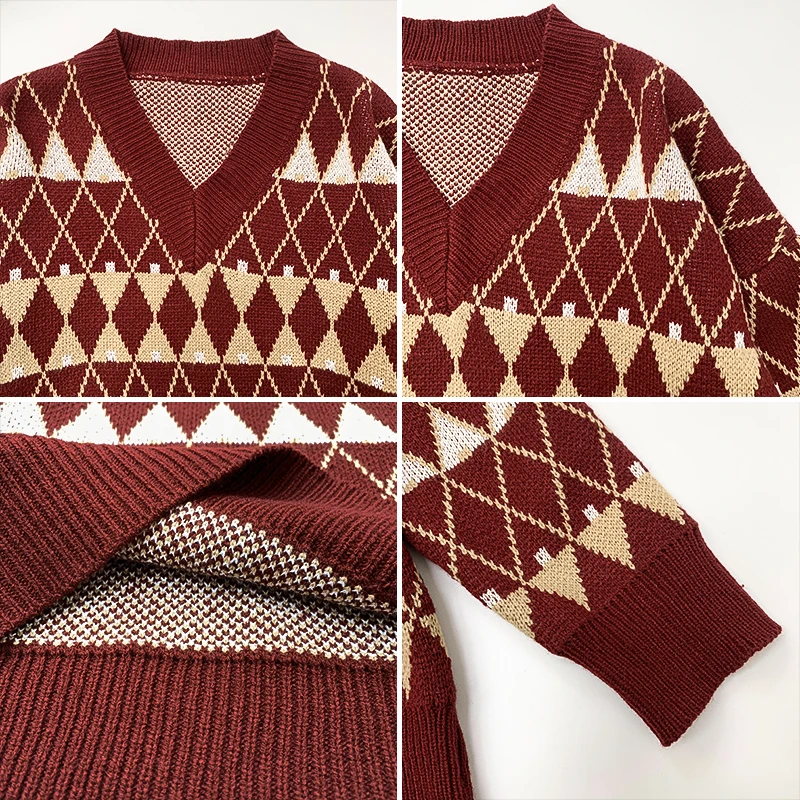 

Sweaters Women Vintage Argyle Korean All-match Chic V-Neck Ladies Pullovers Student Lazy Style Popular Winter Womens Sweater New