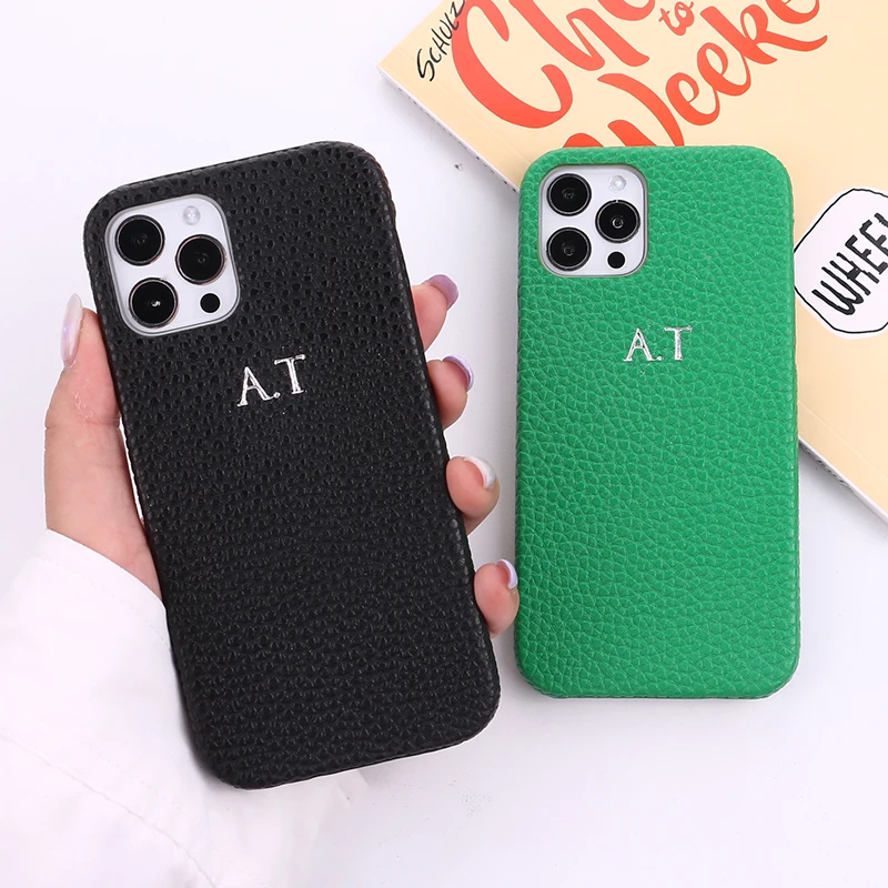 

Personalization Custom Initial Name Pebble Grain Leather Phone Cover For iPhone 12 11 Pro X XR XS Max 7 8 Plus DIY Phone Case