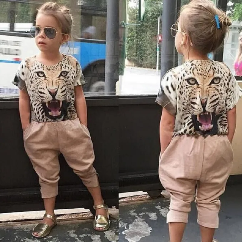 Summer Girl Clothes Suit Cartoon Leopard Head Sleeveless Top Pants Set Of 2 Children's Clothing Suits For Children 3-8 Years Old | Детская