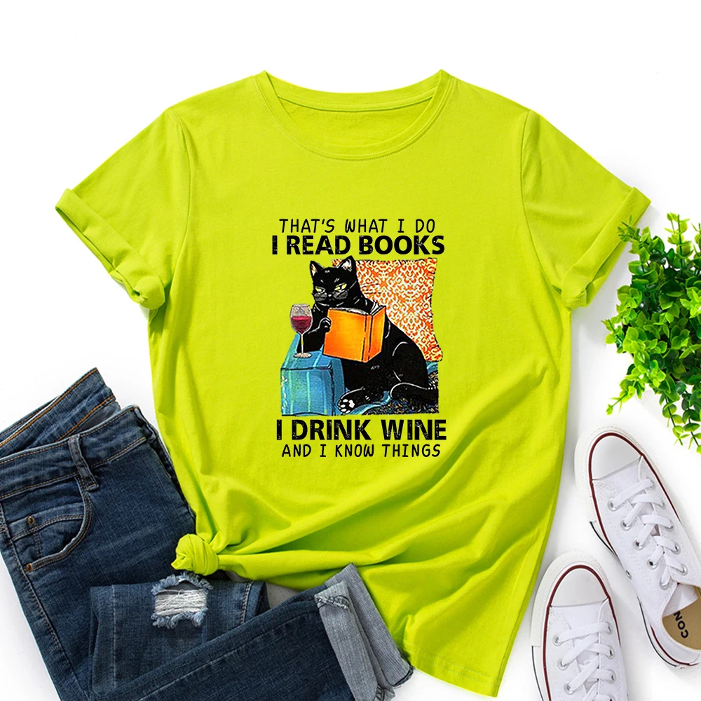 

I Read Books I Drink Wine Book Lover Gift Cat Shirt Women Short Sleeve Cotton T-shirts Summer Graphic Tee Tops Female Clothes