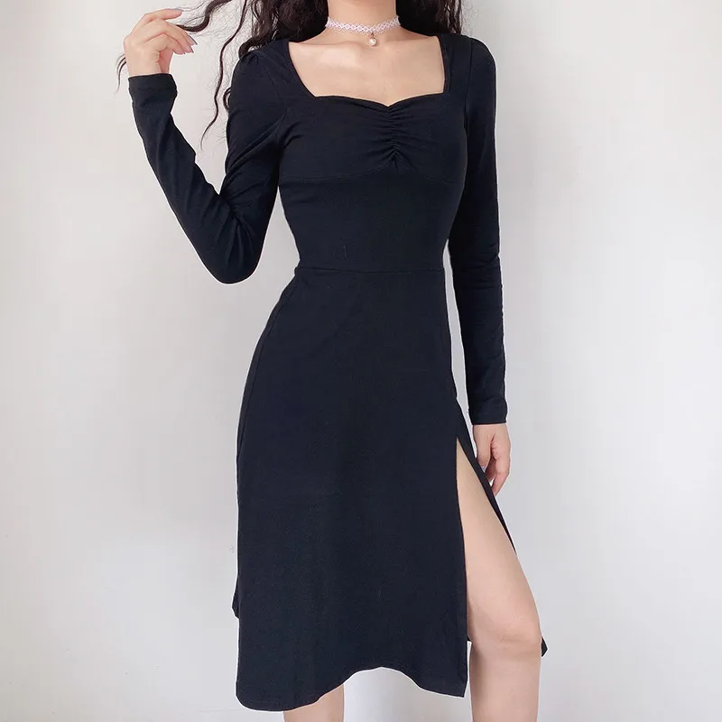 Женское винтажное платье с запахом черное квадратным вырезом разрезом высокой