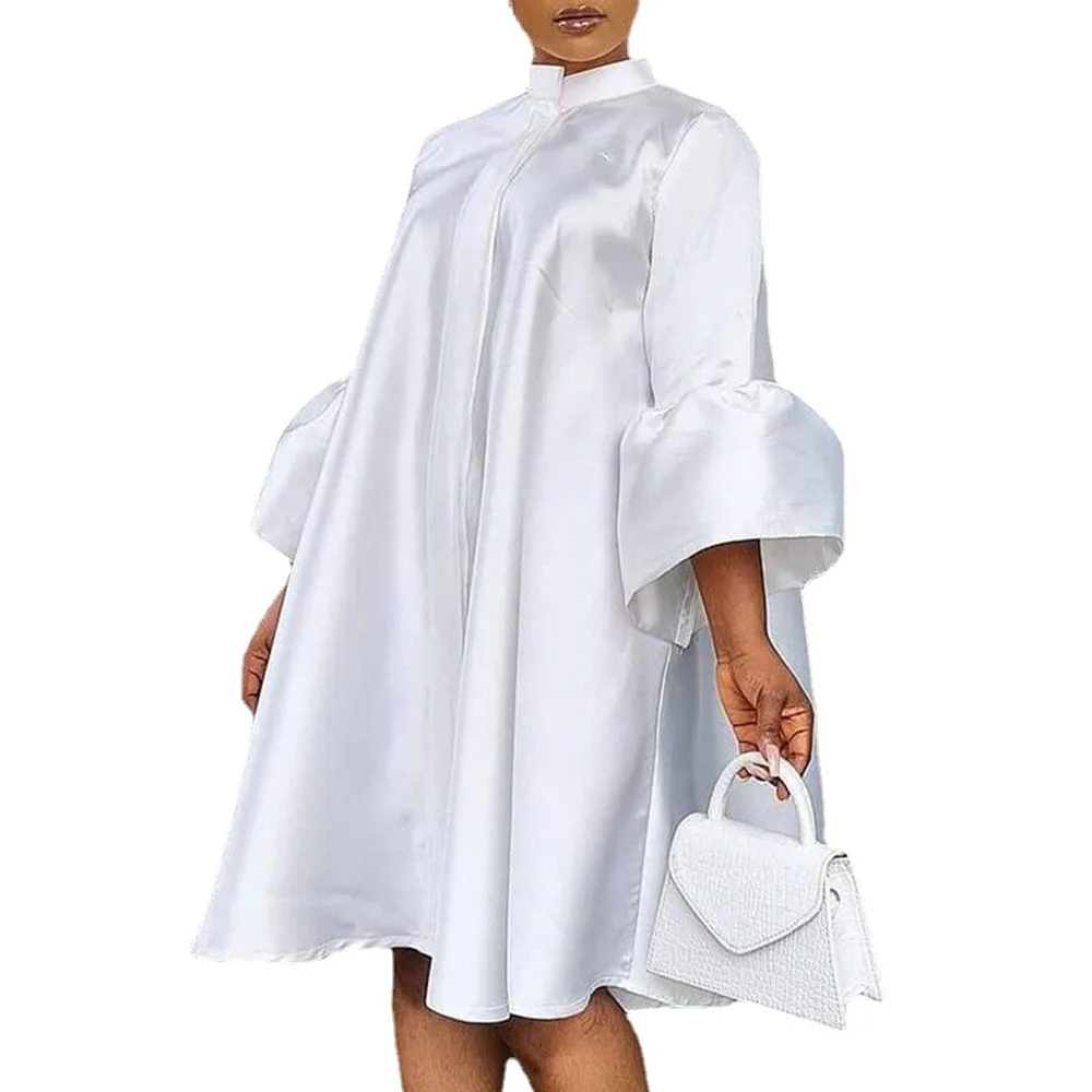 

2021 New Mid-length Women's Dress Solid Color Loose Casual Simplicity Stand-up Collar Flared Sleeves Temperament Commute