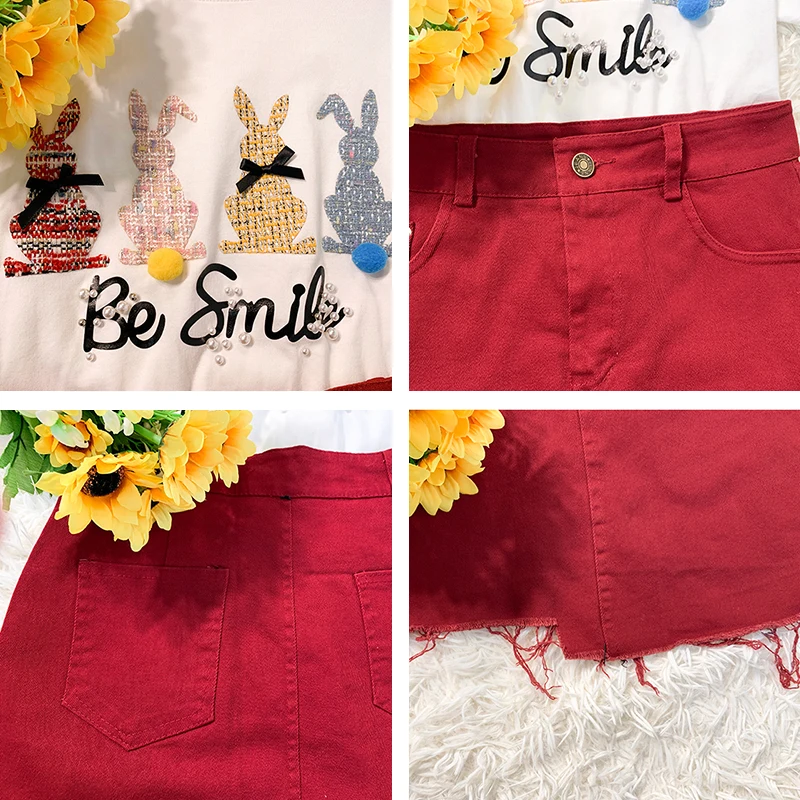 

Trytree 2020 Summer Women Two Piece Set Casual O-neck Cartoon T-shirt Tops + Skirt A-line Button Irregular Fashion 2 Piece Set