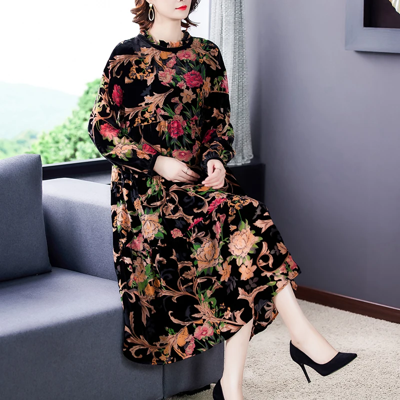 

Винтажное бархатное платье FAKUNTN золотистого цвета в Корейском стиле, женское темпераментное длинное платье с цветами, весна-осень 2021