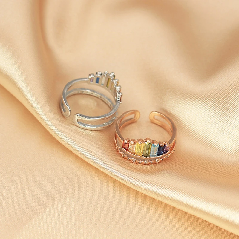 

Korea New Fashion Rainbow Zircon Crown Opening Adjustable Ladies Index Finger Ring Wedding Gift Woman Ring Jewelry 2021