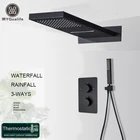 Роскошный Матовый Черный смеситель для душа прямоугольный светодиодный набор для душа с тройным изливом воды для ванной комнаты