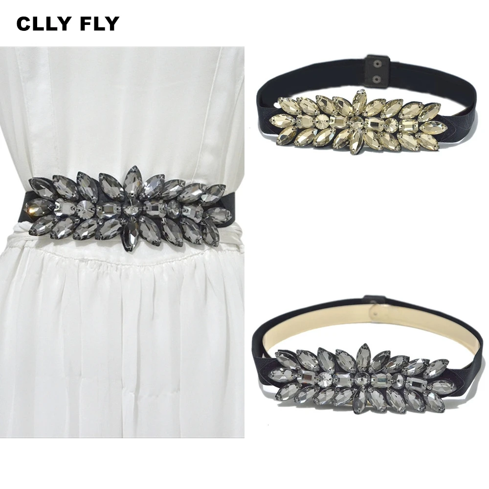 

Women Rhinestone Elastic Belts Luxury Wide Floral Belt Elastic Buckles Stretchy Waist Belt Fashion Design Waistband for Ladies
