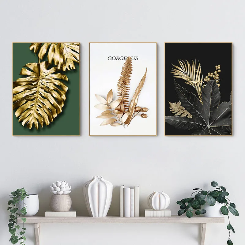 Модные абстрактные Золотые листья растения картина постер на стену современный
