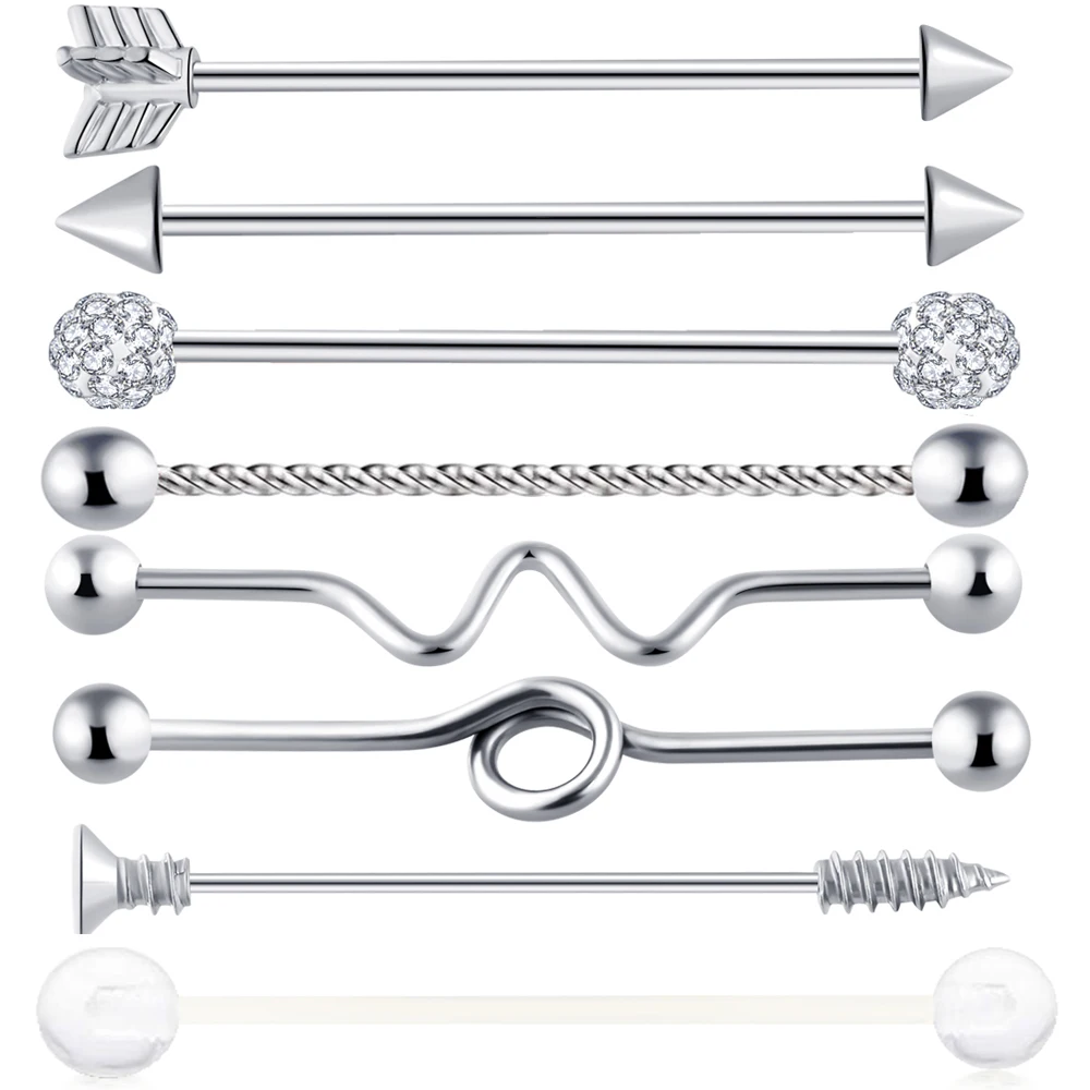 silver set TIANCIFBYJS 14 г 1-8 шт нержавеющая сталь промышленные серьги-гантели сердце стрелка радуга ушной хрящ хеликс-раковины пирсинг ювелирные изделия - Окраска металла: silver set