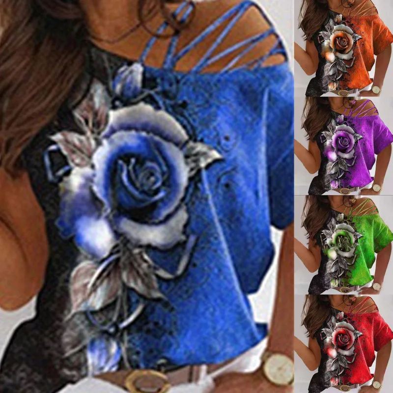 

Graphic Tee Women's Rose Printed Strapless Short Sleeve T-shirt Loose Soft And Comfortable Top Summer