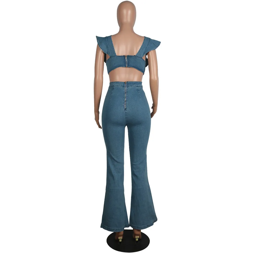 Женский облегающий джинсовый комбинезон Wjustforu с оборками летний модный без