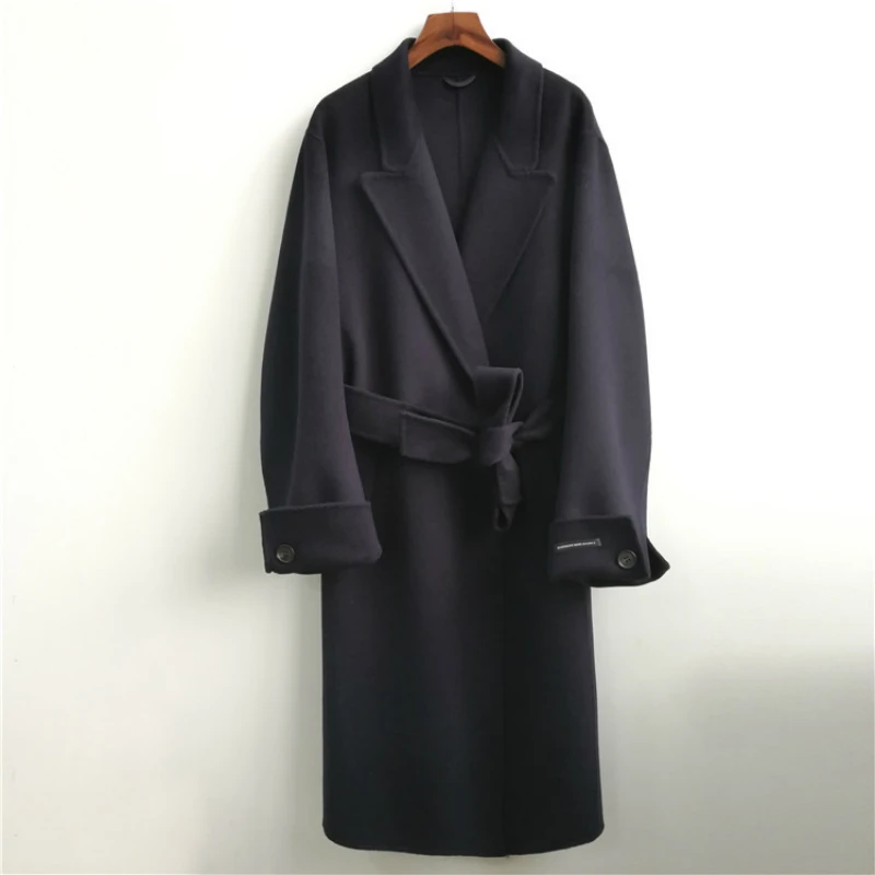 

Winter 2019 New Korean Fashion Belt High End Double-sided Long Green Wool Coat Women Turn Sleeve Loose Plus Size Woolen Jacket