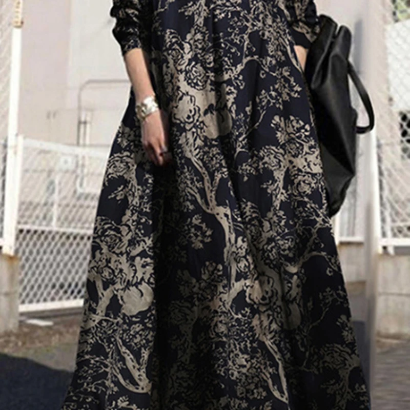 Autumn Printed Retro Ethnic Style Loose Large Size Muslim Women's Long Skirt Abaya Islamic Middle East Ramadan Fashion Dress
