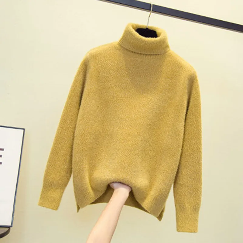 Свитер женский из шерсти норки с высоким воротником на осень и зиму | Женская