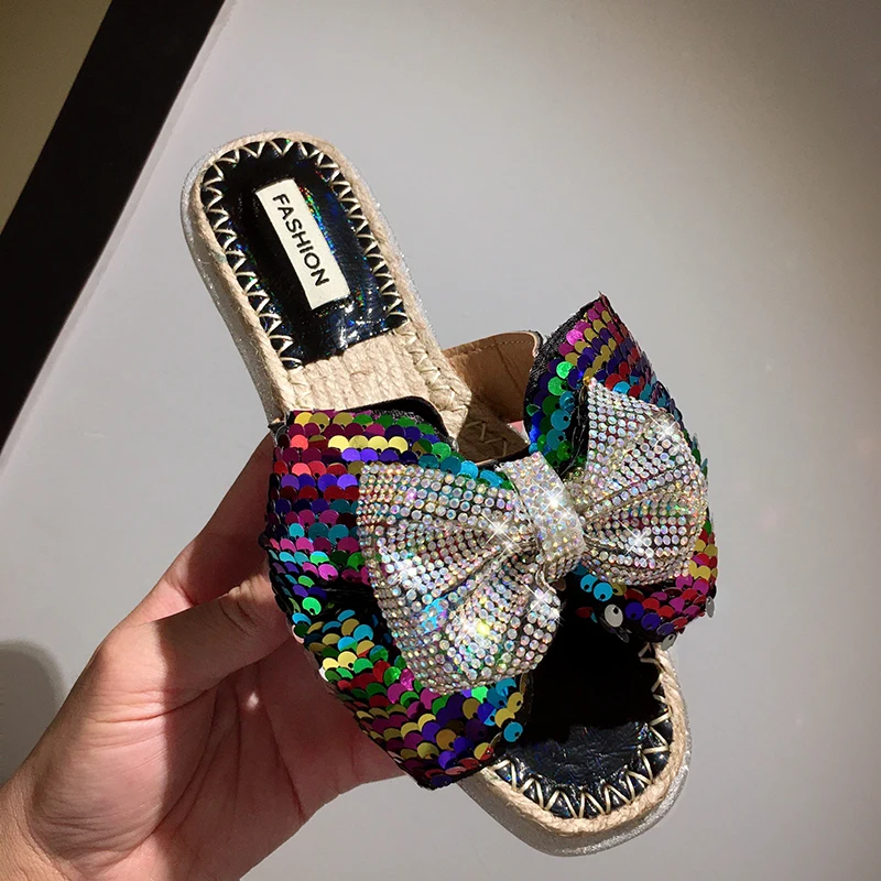 С украшением в виде кристаллов бабочки с блестками бантом шлепанцы без задника