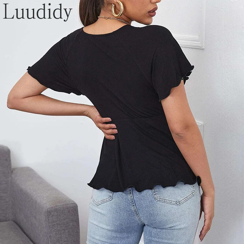 

Women Solid Color T-Shirt V-Neck Slim Short Sleeve Tshirt Ruffles Design Casual Knitted Tee Female Top