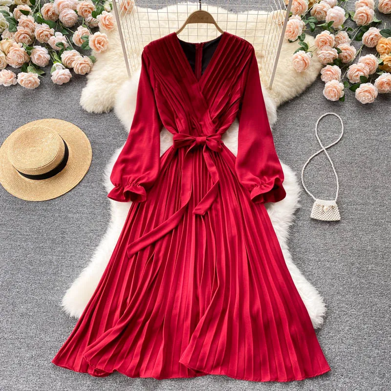

A367 Women New Fashion Autumn Long Sleeve V-neck Retro Pleated Dress Solid Color Elegant Clothes Korean Vestidos