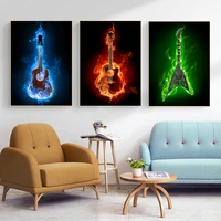 modern musical instruments fire burning electric guitar poster canvas painting wall art prints living room decoration pictures