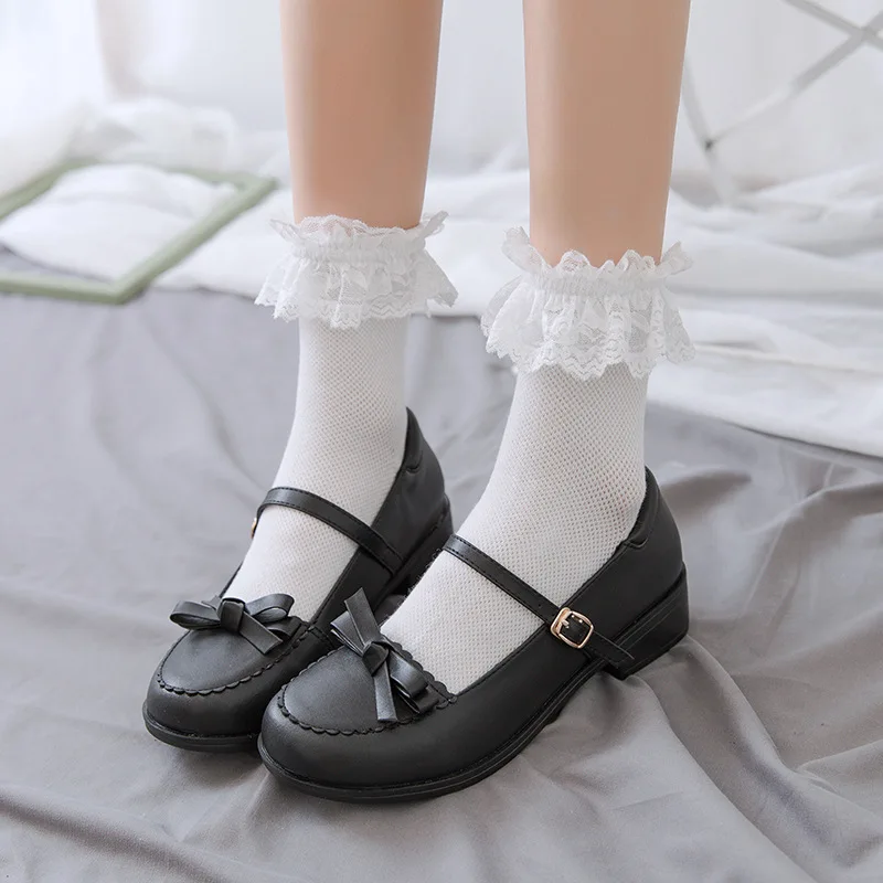 

summer 1 Pair Lolita Style Japanese Maiden Lovely Woman Lace Mesh Short Socks black white Cotton Socking High Quality