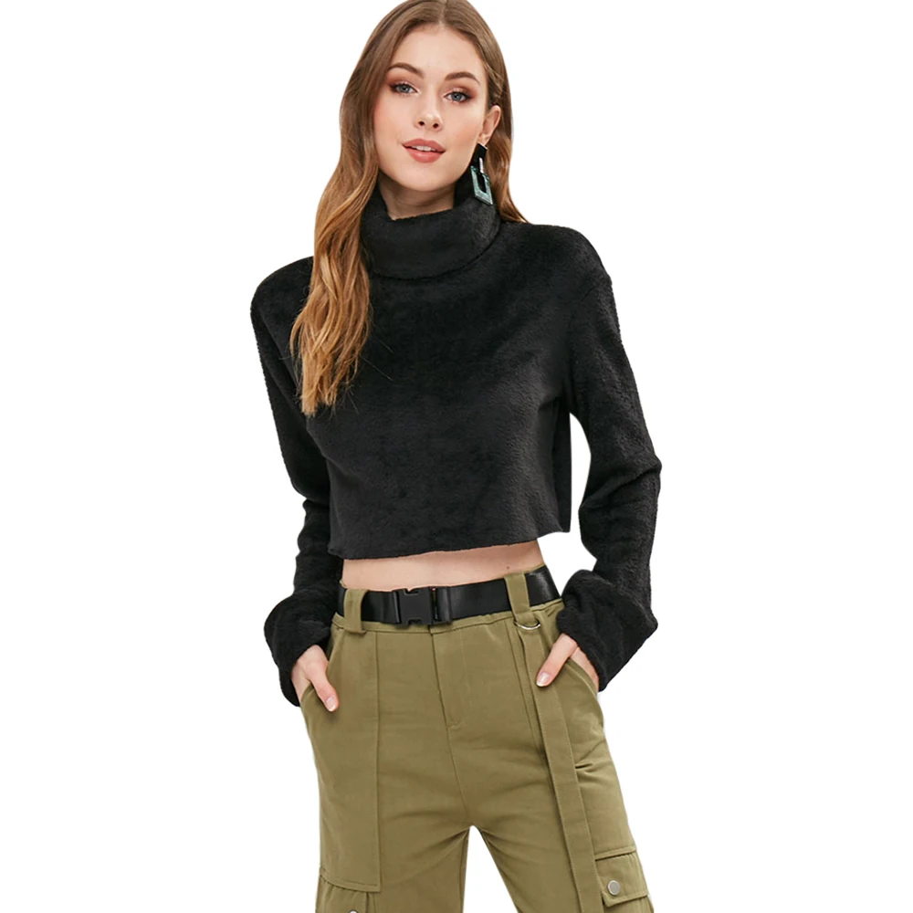 ZAFUL водолазка простой искусственный свитер с мехом для женщин длинным рукавом