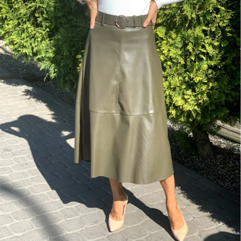 

2020 autumn and winter new PU artificial leather long skirt with belt high waist retro A-line skirt chic mid-calf umbrella skirt