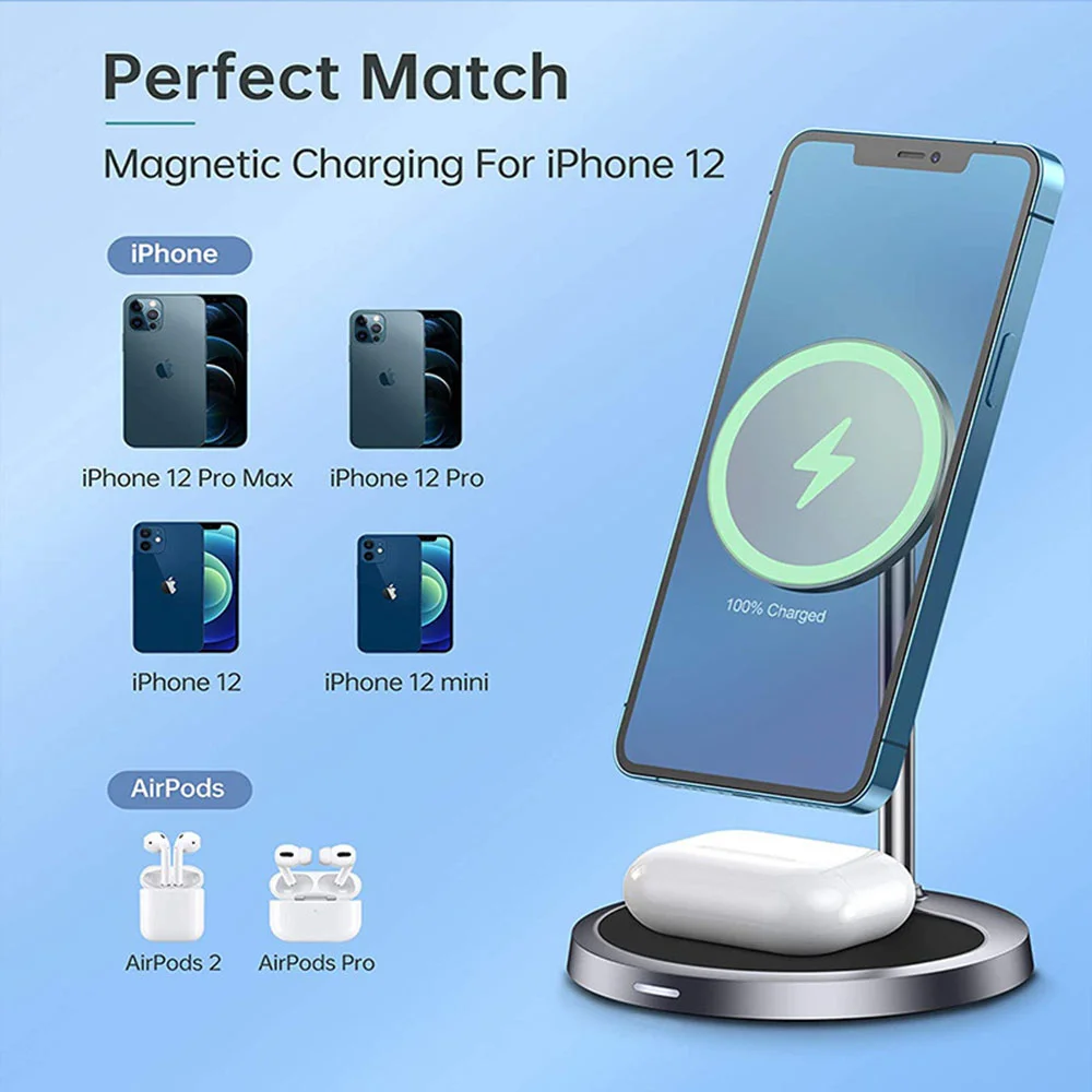 

2 in 1 Magnetic Wireless Charging Station For Get Magsafe iPhone 12 Pro Max Mini And AirPods at the same time Magsafing Charger