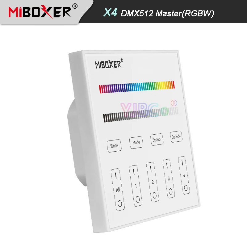 

Miboxer X4 DMX512 Master RGBW 4-Zone Touch Panel Controller AC100~240V DMX512 + 2.4G Wireless Tempered Glass Wall Switch Remote