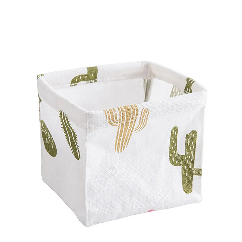 

Foldable Sundries Storage basket Cute Printing Cosmetics Container Multifunction Cotton Linen Storage Basket Desktop organizer