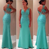 sexy v neck mermaid prom dresses 2020 lace appliques mint green backless sweep train evening dress formal prom gowns