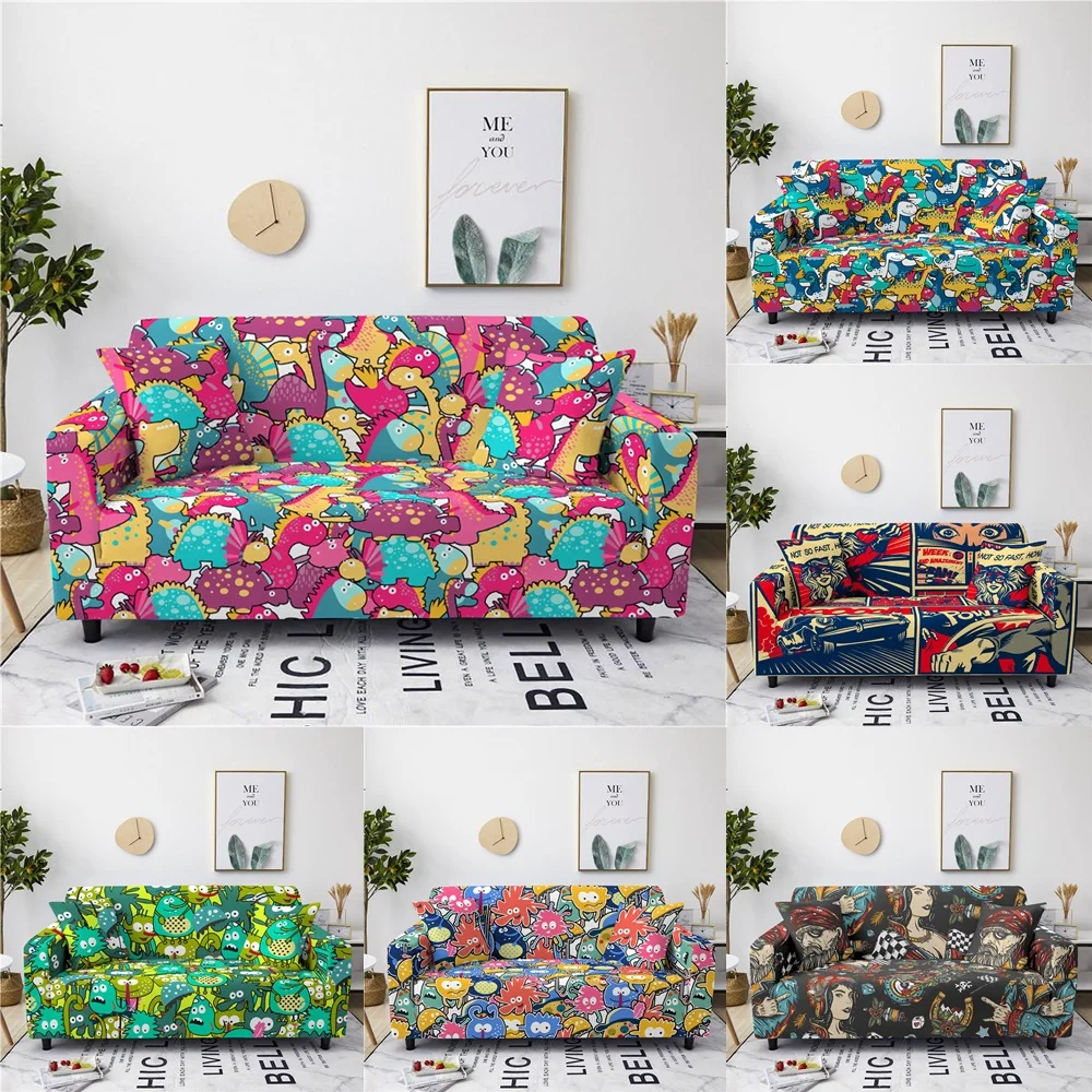

Colorful Dinosaur Graffiti Sofa Cover Stretch Sectional Couch Cover Armchair For Living Room Elastic Slipcover Cartoon Sofa Case