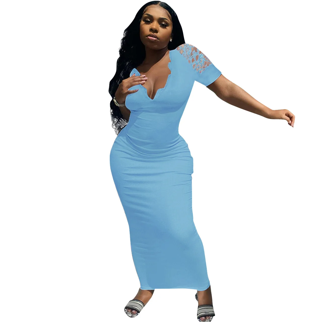 

Women's V-neck lace stitching short sleeve slim sexy dress dresses women bodycon dress