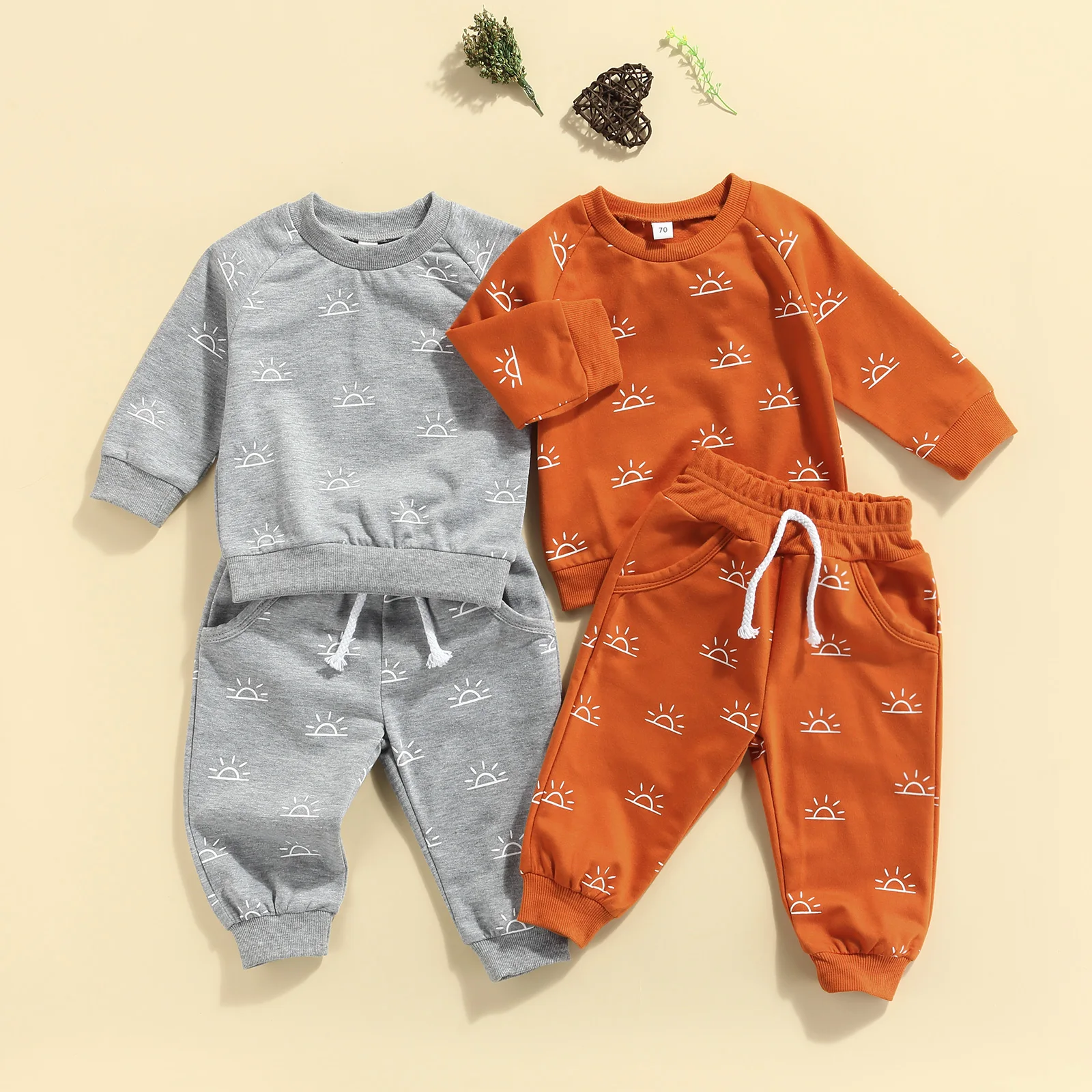 

Infant Baby 2Pcs Autumn Cotton Outfits Sun Print Long Sleeve Round Neck Tops Pocket Elastic Waist Drawstring Pants Casual Set