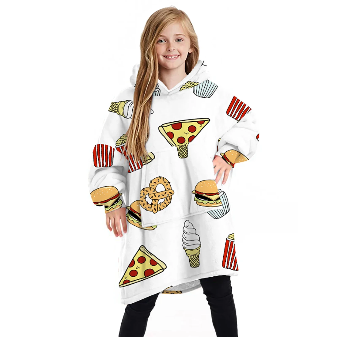 

Children Print Blanket Sweatshirt Hooded Blanket with Pocket Oversized Wearable Blanket for Kids Warm Homewear Top