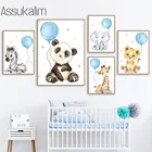 Настенная картина для детской, постер на холсте с изображением животных, слона, жирафа, зебры, панды, картины с воздушными шарами, декор для комнаты маленьких мальчиков