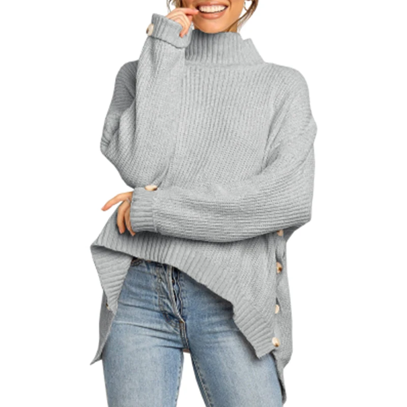 

2020 New Autumn and Winter Women's Fashion Solid Long Sleeve Thick Knitted Braided Turtleneck Casual Pullovers Knitted Sweater