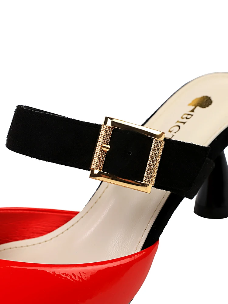 

Women's shoes baotou half the slippers high heels fashion shallow mouth pointed color matching belt buckle