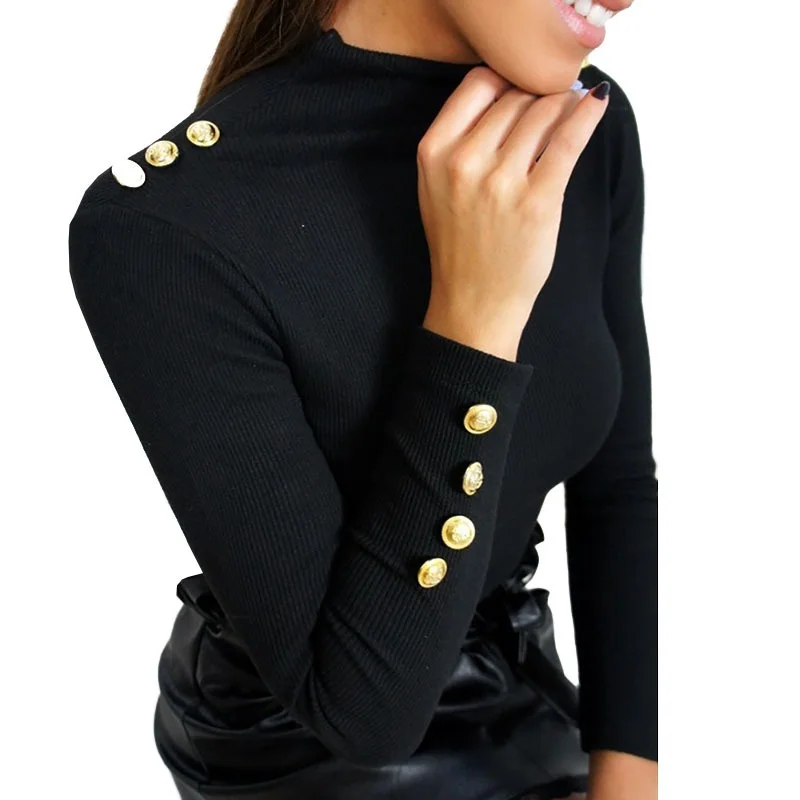 

Button Sleeve Knitted Sweaters Solid Pullovers Causal Thin Office Lady Sweaters Women Turtleneck Knitting Female Knit Tops M0381