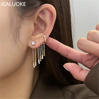 xialuoke retro tassel metal chain crystal earclip stud earrings for women lovely simple asymmetric long earring fashion jewelry